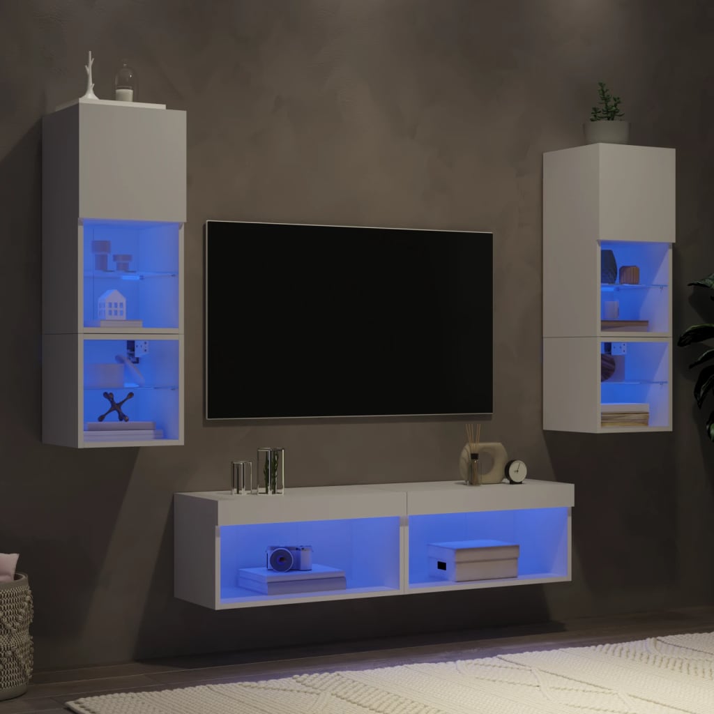 vidaXL Unități de perete TV cu LED-uri, 6 piese, alb, lemn prelucrat