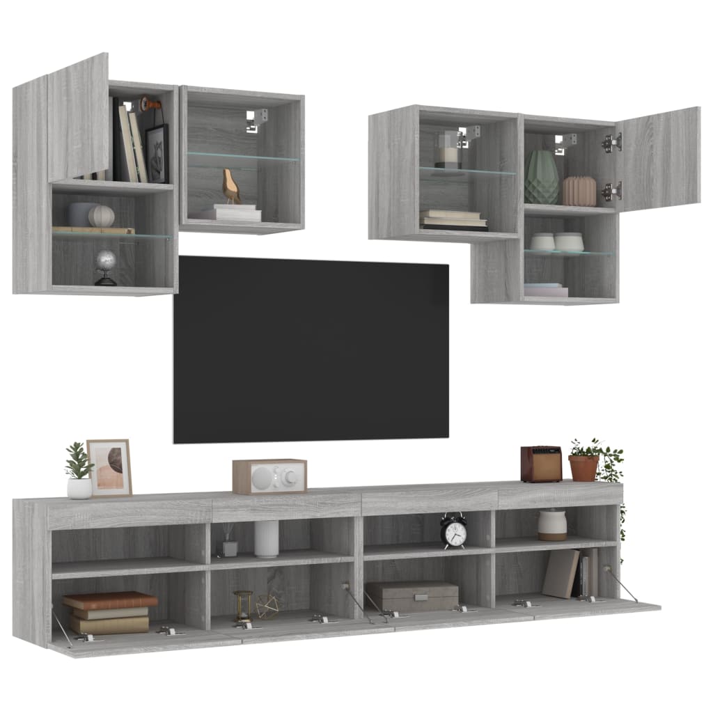 vidaXL tv-møbel til væg 6 dele med LED-lys grå sonoma-eg