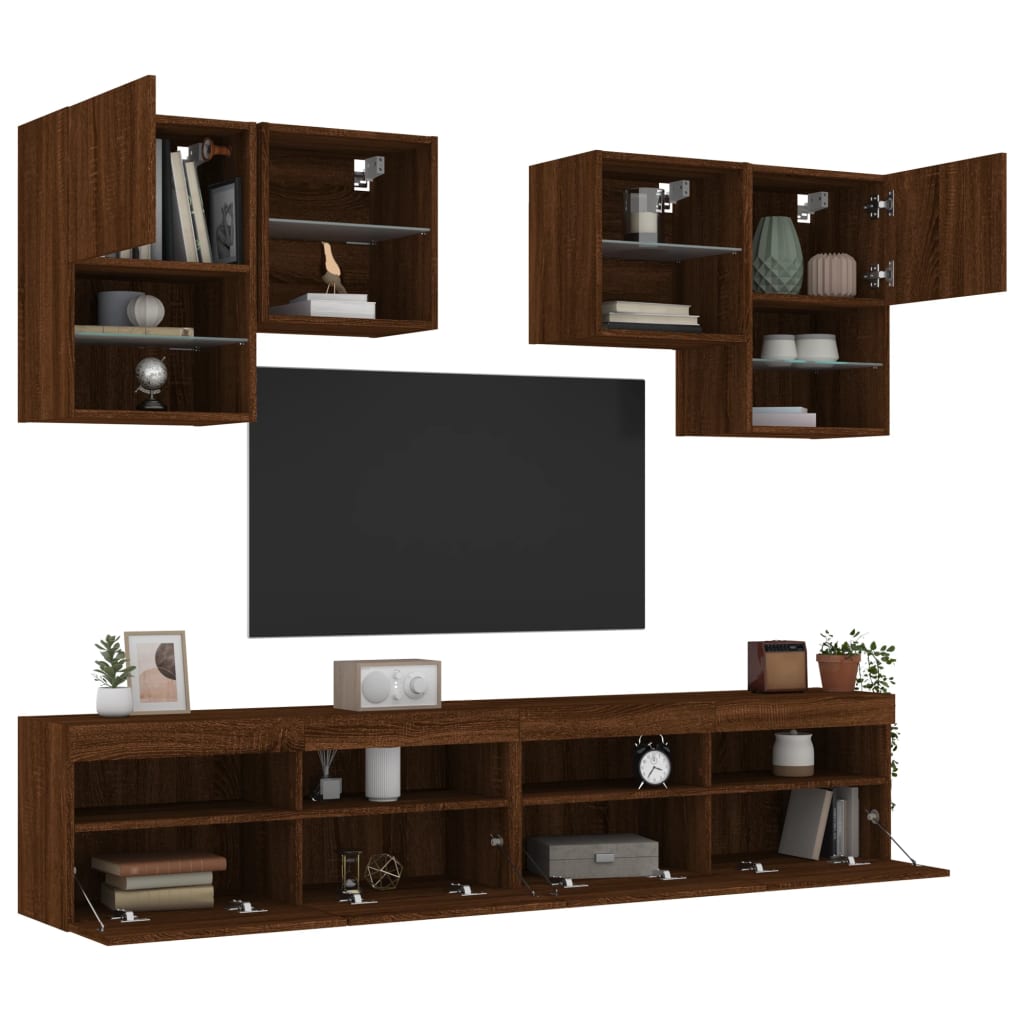 vidaXL tv-møbel til væg 6 dele med LED-lys brun egetræsfarve