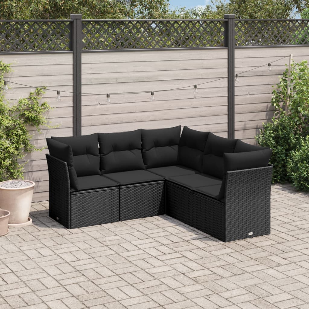 5-tlg. Garten-Sofagarnitur mit Kissen Schwarz Poly Rattan