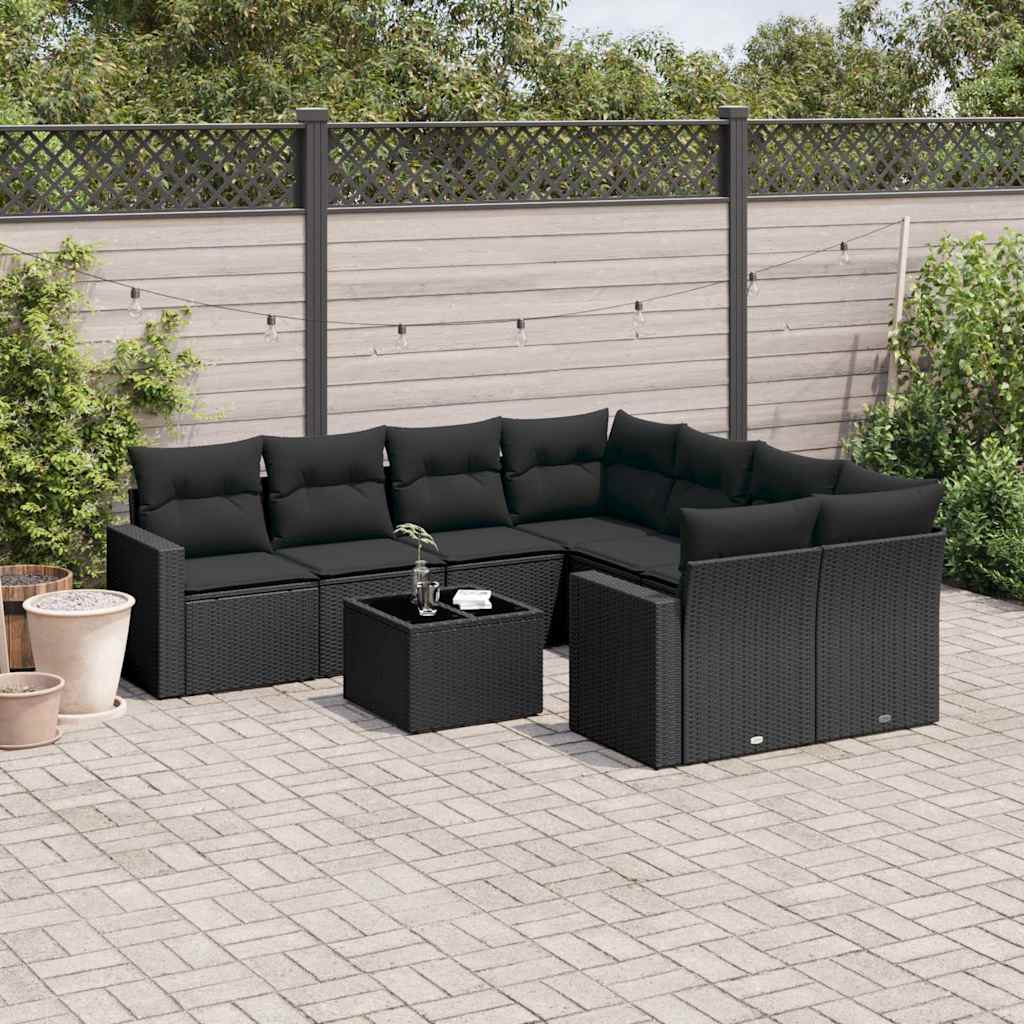 vidaXL 9 pcs conjunto de sofás p/ jardim c/ almofadões vime PE preto