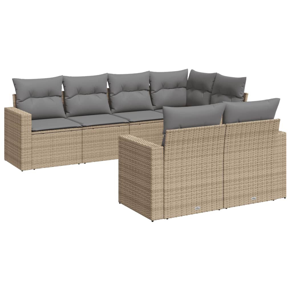 vidaXL Градински диван с възглавници, 7 части, бежов полиратан-image-3251546